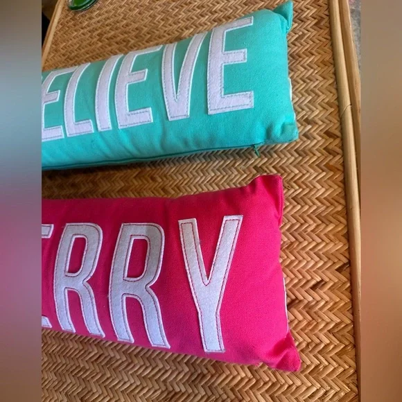 Turquoise “Believe” and Pink “Merry” Throw Accent Pillows Set of 2 - Picture 5 of 7
